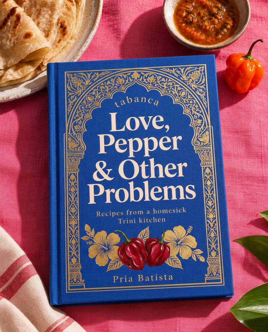 Ornate cobalt and gold Love, Pepper & Other Problems cookbook by Pria Batista, beside roti and pepper sauce